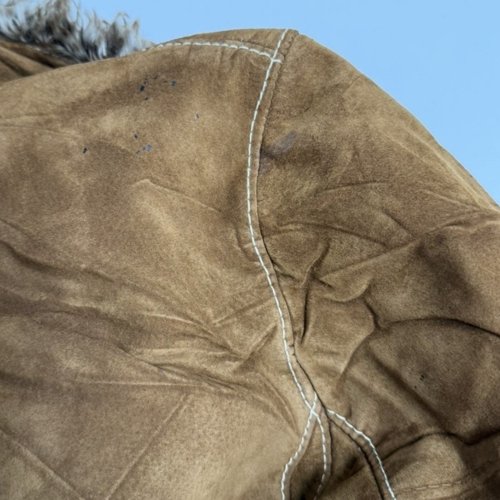 Vintage Tan Suede Leather Afghan Penny Lane Jacket Faux Fur Trim Brown Womens S - Picture 9 of 12